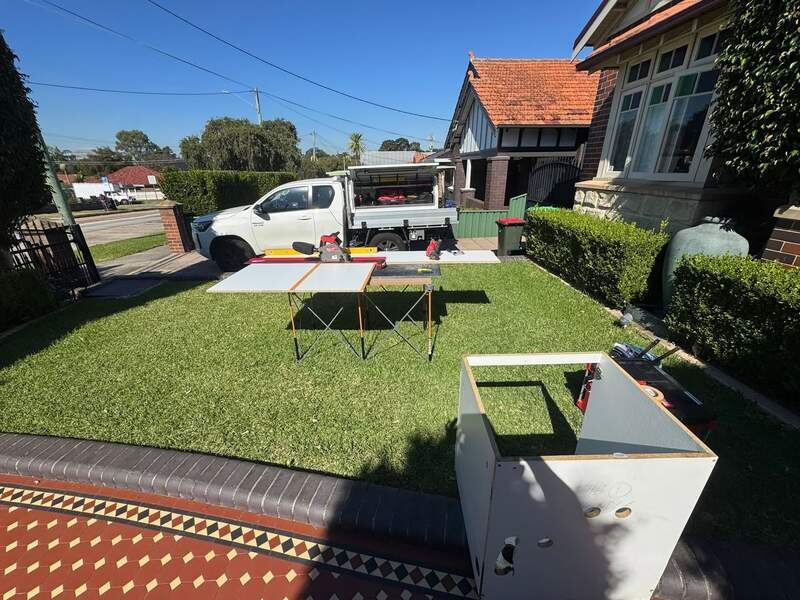 Materials and tools set up on site before laundry install